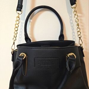 Black leather tote handbag